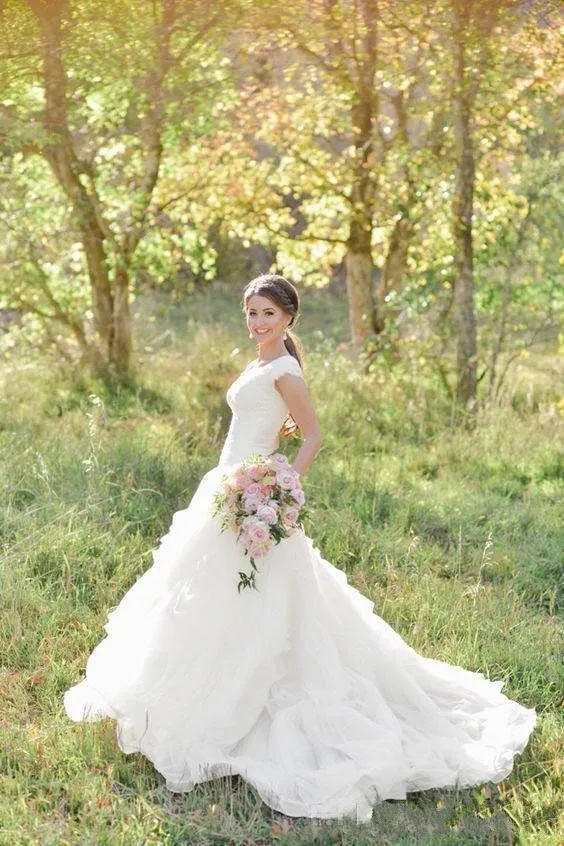 western a line dresses Zapaka Women Western Wedding Dress with Lace V Neck White A Line Sweep  Train Bridal Dress – ZAPAKA