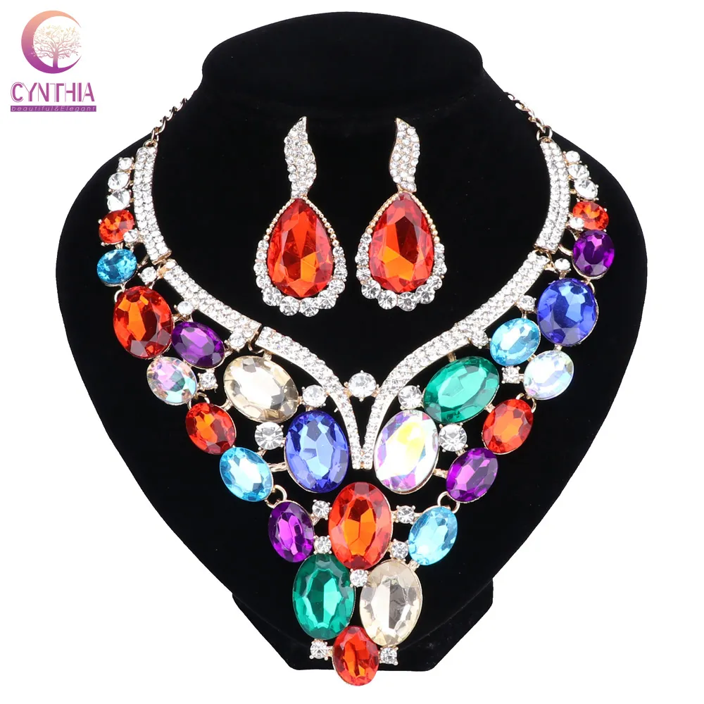 Fashion Jewelry Chunky Gem Crystal Flower Choker Necklace Statement Necklace Earring Party Dress Jewelry Sets 