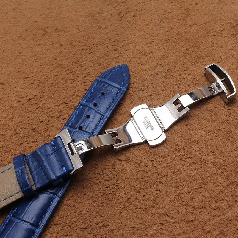 Cowhide Leather WatchBands Watch Strap Silver Silver Stainless Steenless Steel Metal Buttlefly Deployment Blue WatchBands for Men 14 16 18mm2278