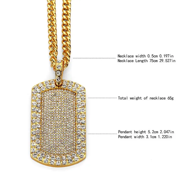 New Bling Smooth Army Card Pendant Iced Out Full Rhinestone Gold Plated Dog Tag Necklace Hip-hop Jewelry women men Gift