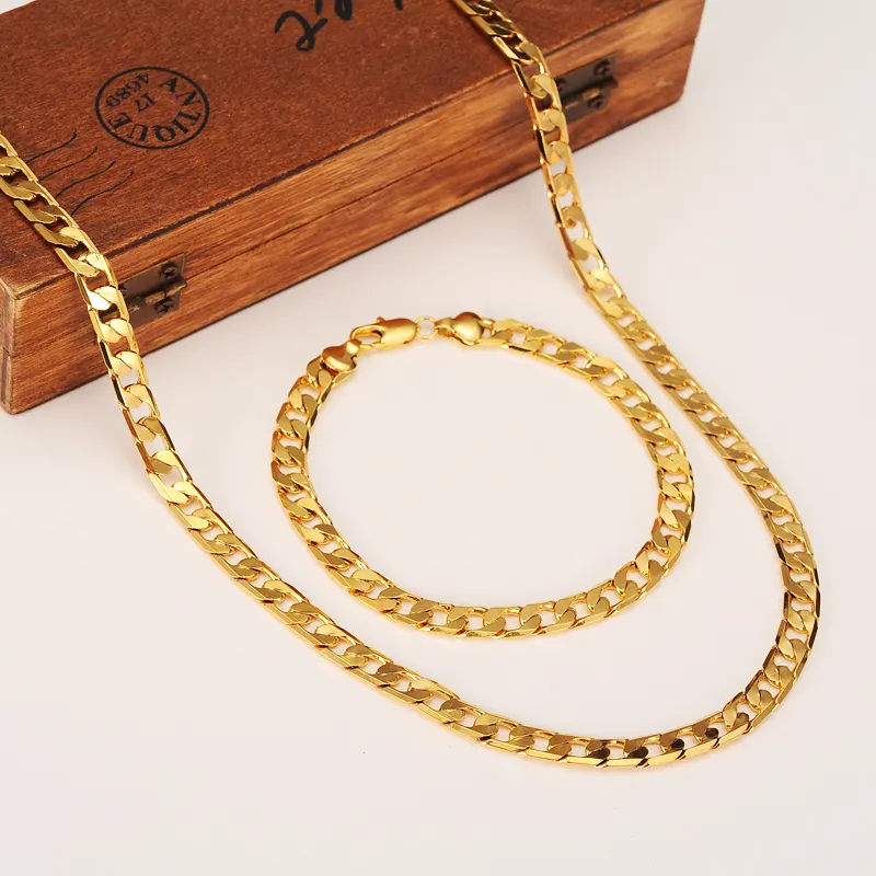 Womens Mens Chain 14K Golden GF Chain Curb Link Yellow Solid Gold Filled Necklace 600mm Bracelet 210mm *7MM Chain Jewelry sets