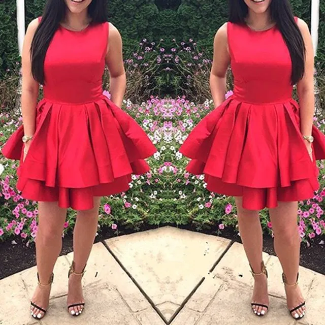 Simple Fashion Red Short Homecoming Dresses Sleeveless Satin Ruffles Layered 8th Grade Graduation Gowns Custom Made Plus Size Prom Dress