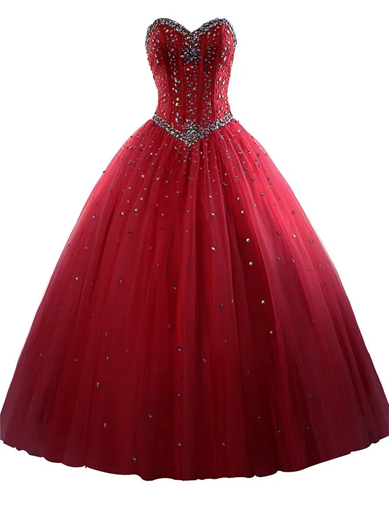 Nuovi eleganti abiti da ballo fucsia Abiti blu Quinceanera in tulle 2018 con perline Cristalli Lace Up Abiti dolci 16 Abiti da ballo 15 anni QS1034