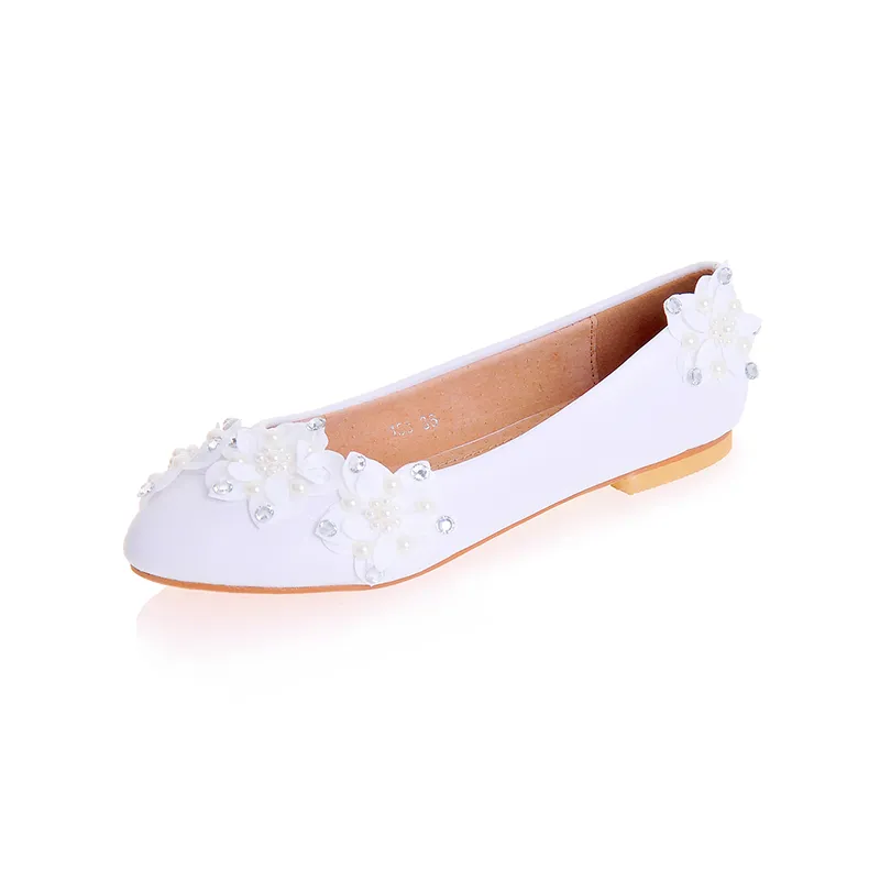 Festa di ballo di colore bianco punta a punta decorazione con strass scarpe da sposa piatte fresche da sposa bellissime scarpe da anniversario con fiore in pizzo176C