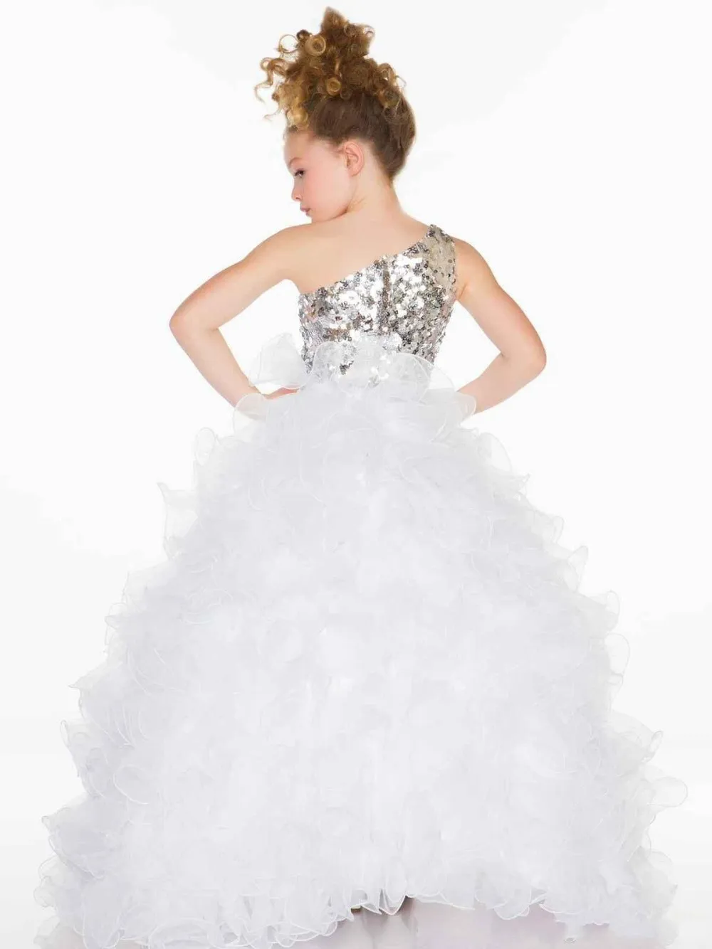 Bing Bling Paillettes Una spalla Vestito da sera da sera Gonna Ball Gown Flower Girl Gown Abiti lunghi da spettacolo bambini Comunione Wear238h