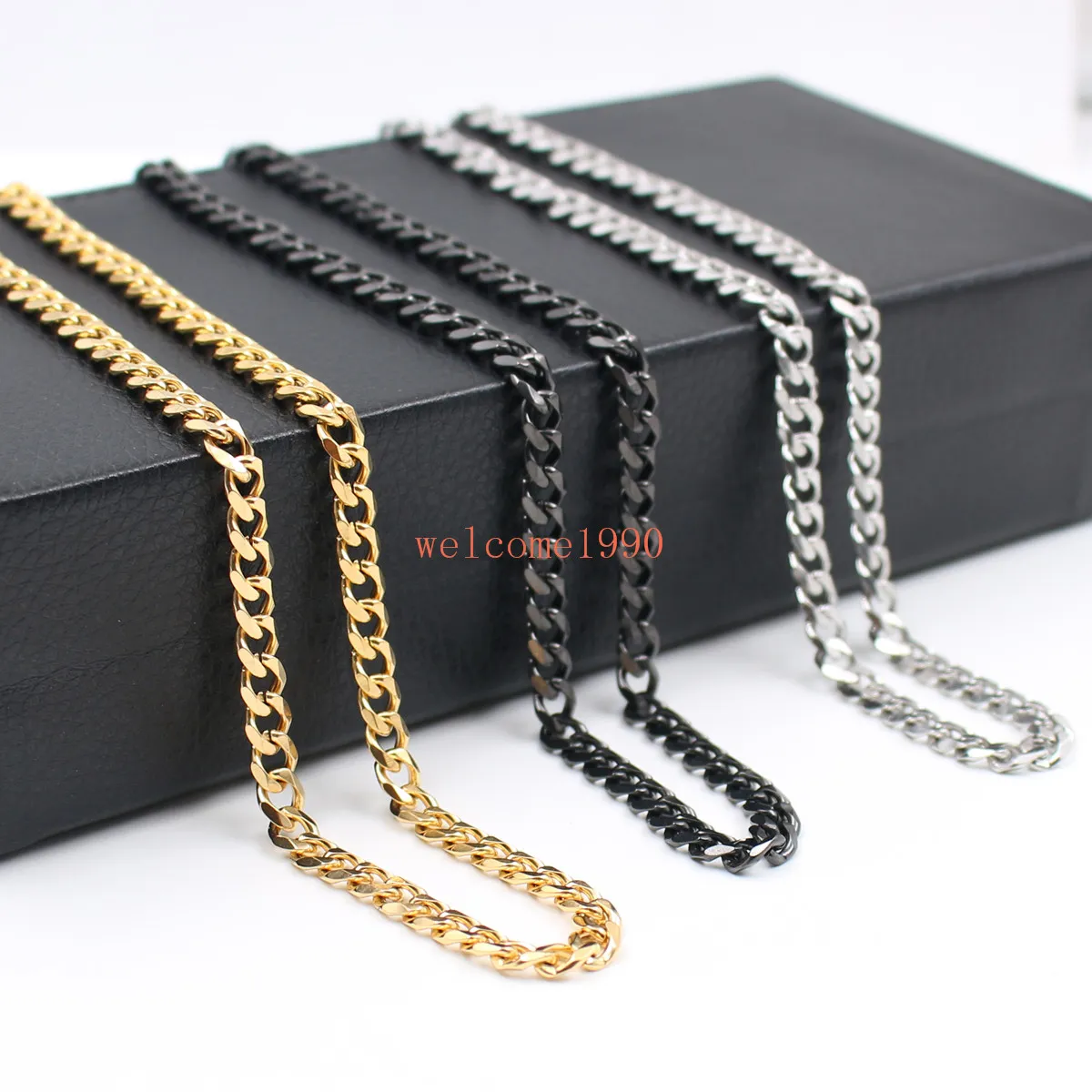 Te koop 5mm Curb Link Collier Rvs Mode Mannen Dames Sieraden Zilver / Goud / Zwart 18 Inch-32 Inch Kies