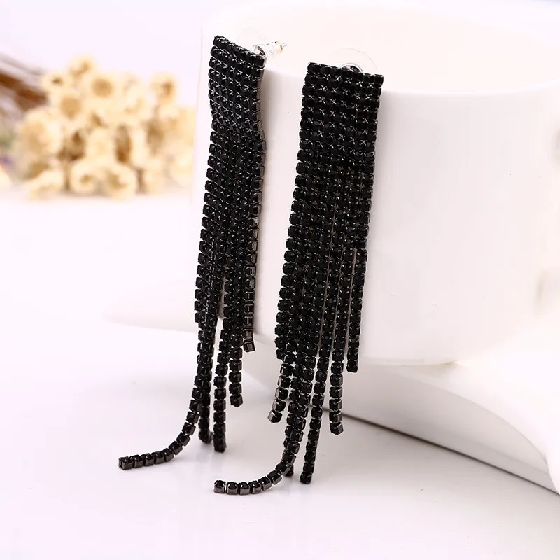 Black Full Rhinestone Vintage Tassel Earrings Drop Earring Quality Earrings For Women Luxury Jewelry Long Dangle Earring #E019