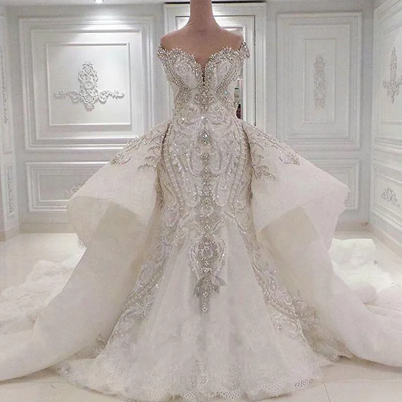 Luxury Crystal Wedding Dresses Dubai Mermaid Sparkly Plus Size Bridal Gowns Sweetheart Off Shoulder Beaded Appliques Detachable Train