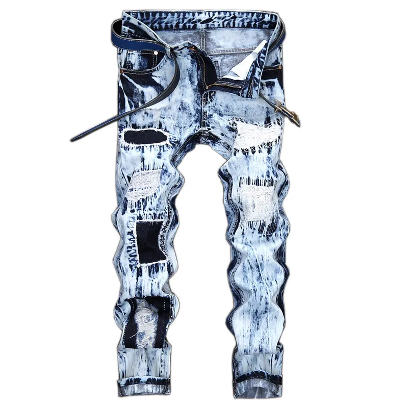 Distressed Holes Lichtblauwe jeans mannen scheurden jean broek zwarte broek mannelijk licht denim 28-42 grote maat