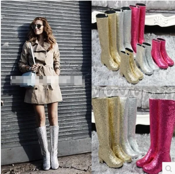2017 Nyligen kvinnor Sequined Cloth Boots Fashion Glitter Long Bota Tjock Heel Booties Klänning Skor Kvinnor Stövlar