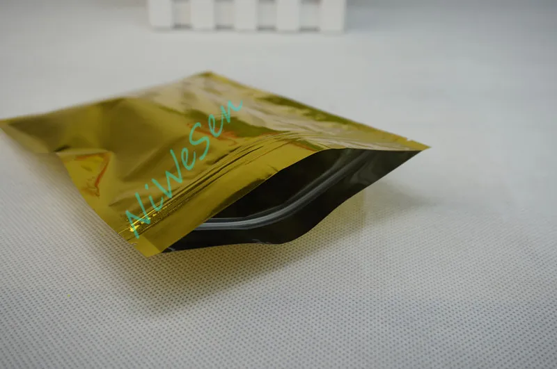 14x20cm, gold aluminum foil plastic ziplock bag, storage cornmeal mylar foil zipper pouch reusable, pack chocolate goledn pocket