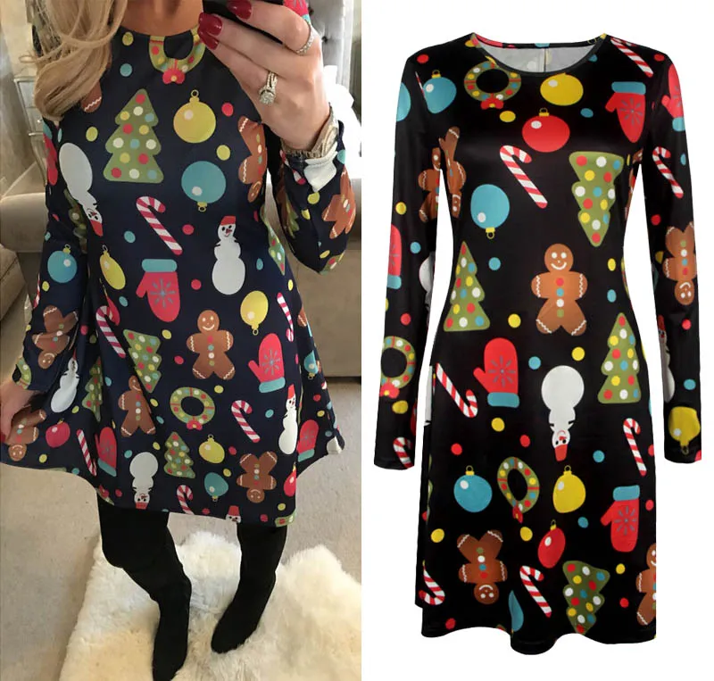 2017 Vinterhöst Julklänning Kvinnor Långärmad Julkostymer Santa Deer Printed Dresses Women Xmas Party Kläder 5XL Storlek 0213