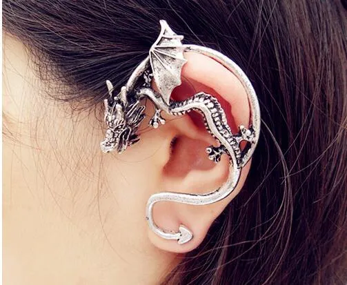 Retro Vintage Czarny Srebrny Brąz Punk Temptation Metal Dragon Bite Ear Cuff Clip Earring Kolczyki G555