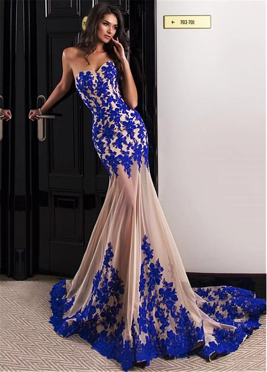 Décolleté en cœur sirène robes de soirée avec des appliques de dentelle bleu royal et nu robe de bal mince vestidos de fiesta largos