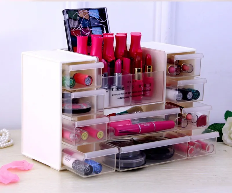 Schreibtisch-Organizer mit 10 Schubladen, Kunststoff-Kosmetik-Aufbewahrungsbox, Gitterschränke, Schmuckpinsel, Lippenstift, Nagellack, Sortiergitterbehälter