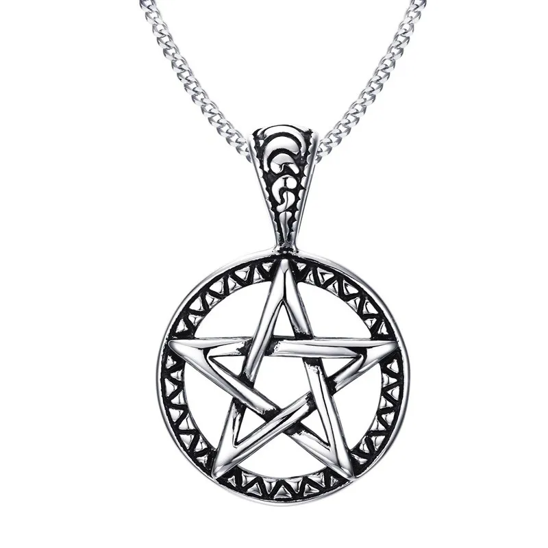 Vintage-Stil Schmuck Pentagramm Pentagramm heidnischen Wicca Hexe Gothic Zinn Anhänger Halskette für Männer Frau 24" Kette Halsband PN-566