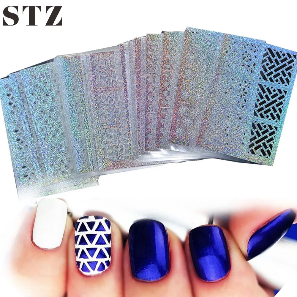 STZ 24 Levha / setleri DIY Tırnak Vinyls 24sylesHollow Düzensiz Şablonlar Damga Nail Art DIY Manikür Sticker Lazer Gümüş STZK01-24