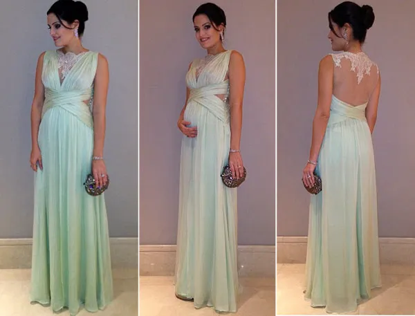 Charmoso Verde Chiffon Vestidos de Noite Elegante Até O Chão Plissado Vestidos de Maternidade 2016 Vestidos Formais Applique Ver Embora Voltar Vestido de Noite