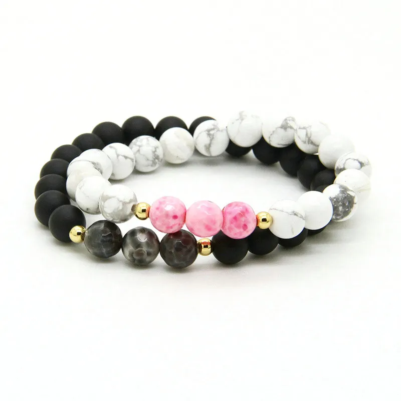 New Designs Couples Jewelry Wholesale 8mm Matte Agate And White Howlit Pink Stone Distance Lovers Bracelets