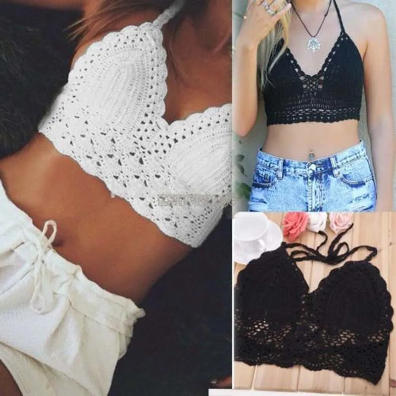 Boho Beach Bikini Halter Cami Tank Crop Top Black And White