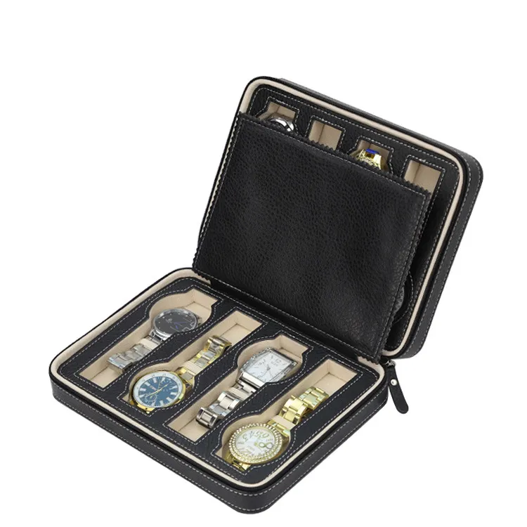 Luksusowy czarny zapinany na zamek przechowywanie skórzane zegarek pudełko na 8 zegarków Przenośne skrzynki podróżne Zegarek do przechowywania pudełko na zamek torba