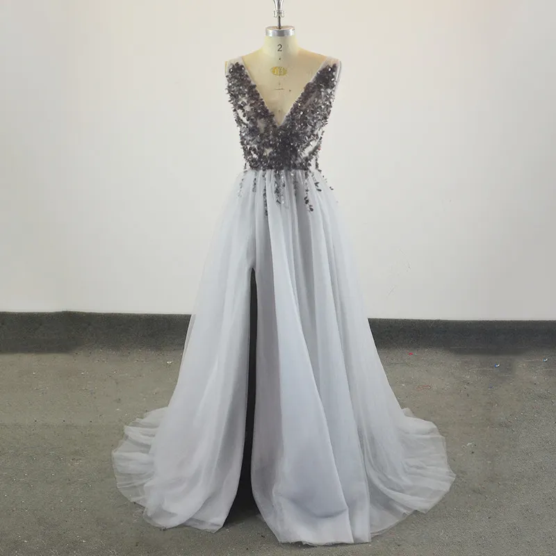 Sexy Paolo Sebastian Evening Dresses Deep V Neck Sequins High Split Long Gray Evening Gowns Sheer Backless Berta Prom Dress