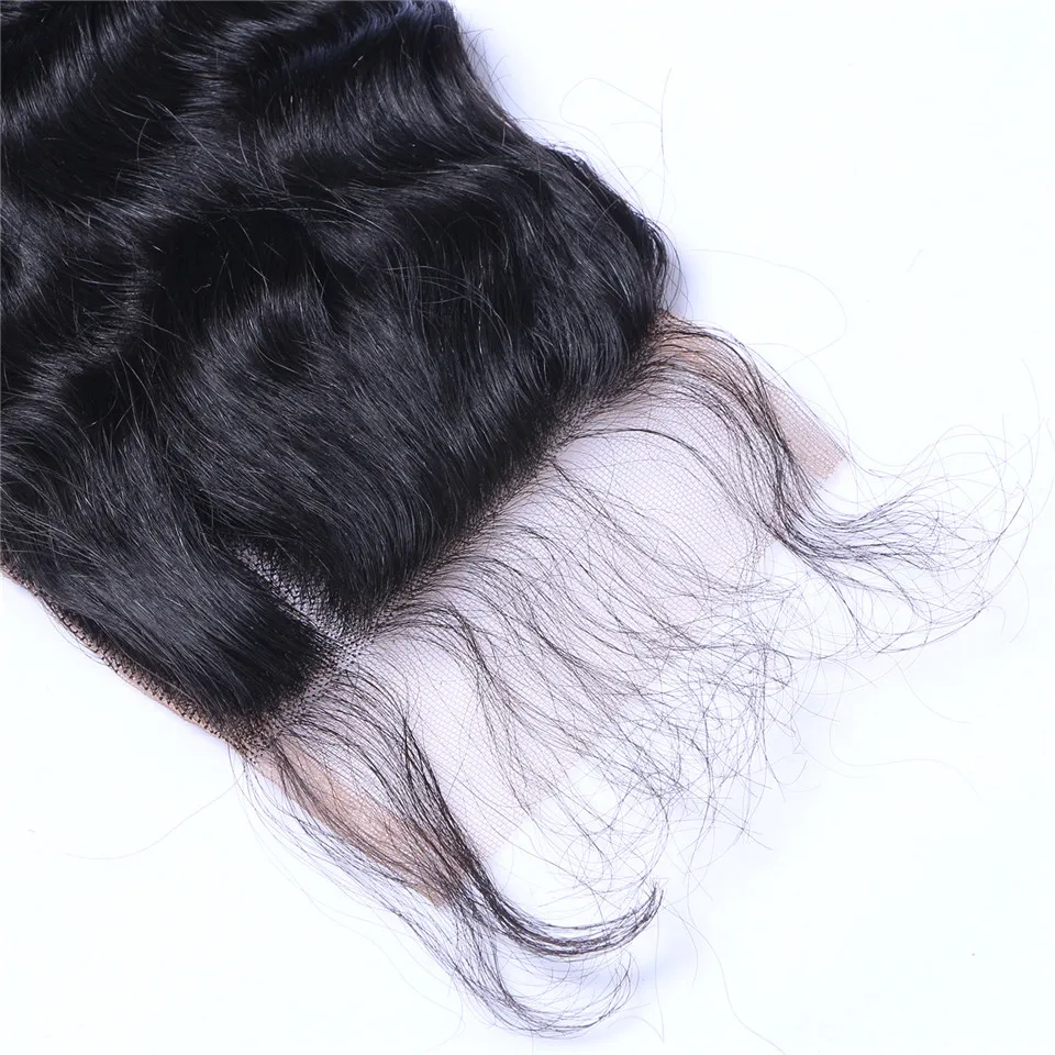Głęboka fala 4x4 Ludzkie włosy koronkowe zamknięcia Naturalne czarne bielone węzły wstępnie oskubane