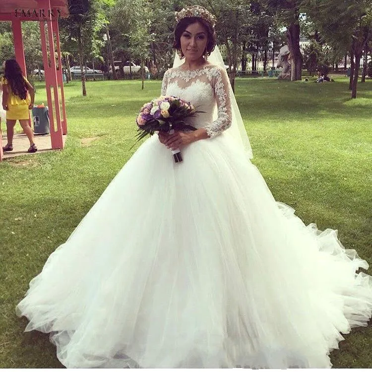 Wedding Dress Princess Long Sleeved Sheer Tulle Appliques Lace Puffy Bridal Gowns Vestido De Noiva Princess White/Ivory Custom