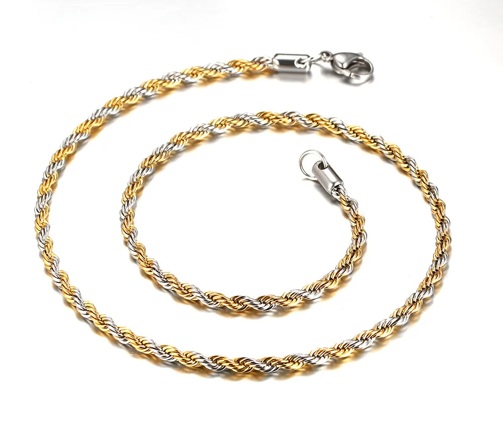 4MM Wide Link Chain Necklace Twisted Chain Gold+Sliver Men Necklaces Long Stainless Steel Chain