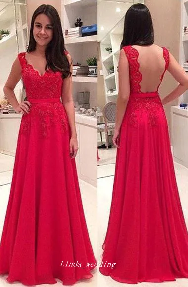 Hoge kwaliteit rode chiffon prom jurk sexy een lijn applique lange open rug meisjes feestjurk plus size