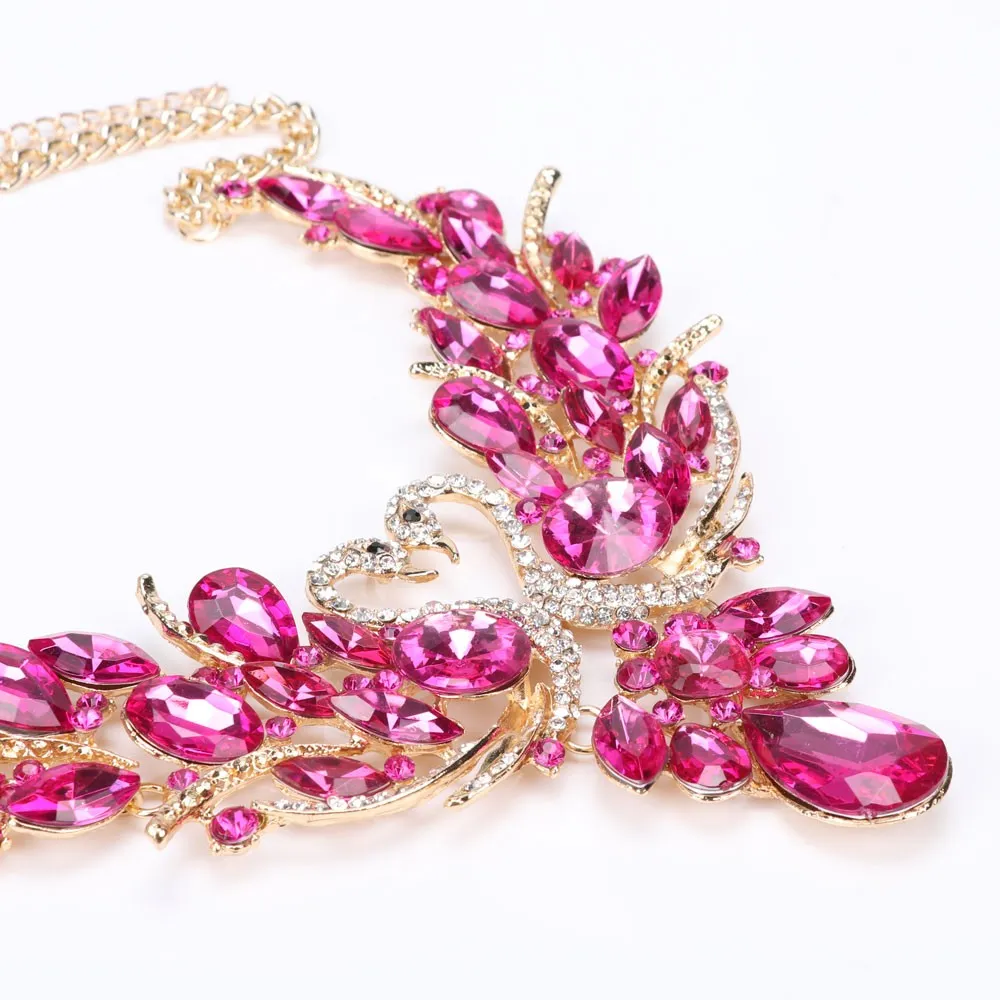 Luxo Banhado A Ouro Rosa Vermelha Cristal New Collier Femme Double Swan Declaração Brinco Colar Para As Mulheres Do Partido Conjuntos de Jóias de Casamento