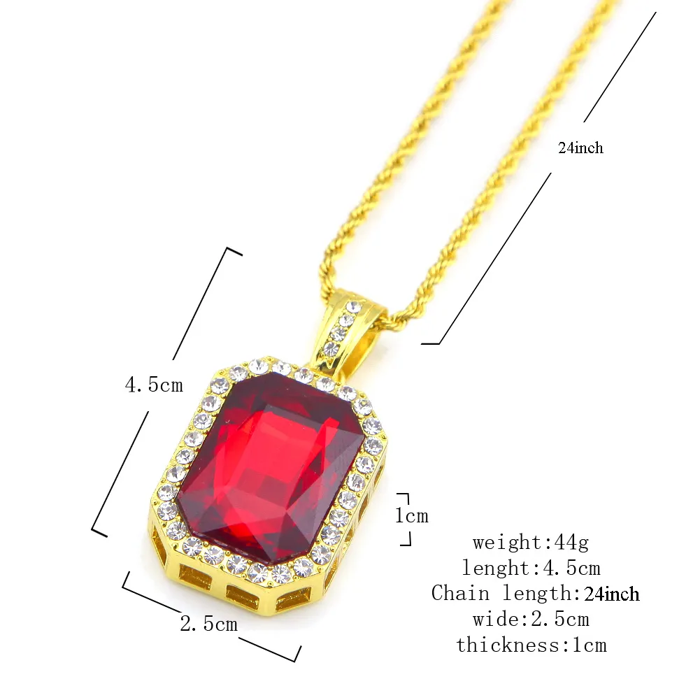 Hip Hop Schmuck Quadrat Rubin Saphir Rot Blau Grün Schwarz Weiß Edelsteine Kristall Anhänger Halskette 24 Zoll Goldkette für Männer Modeschmuck