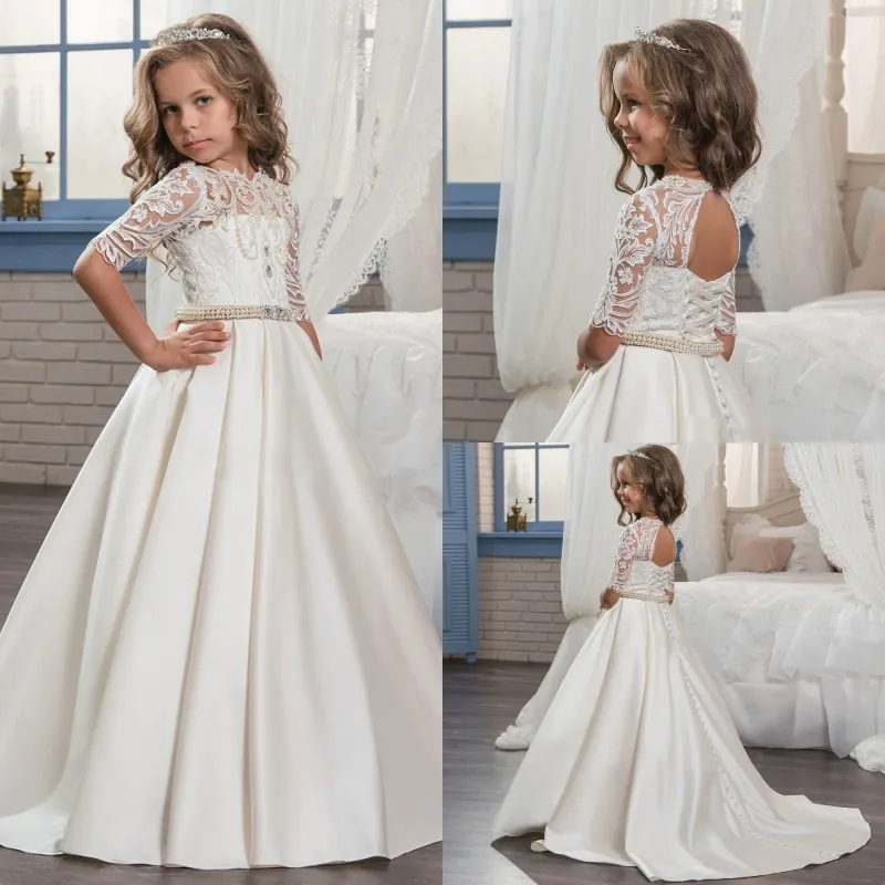 2017 Custom Princess Half Sleeve Holy Lace White Communion Dress Little ...