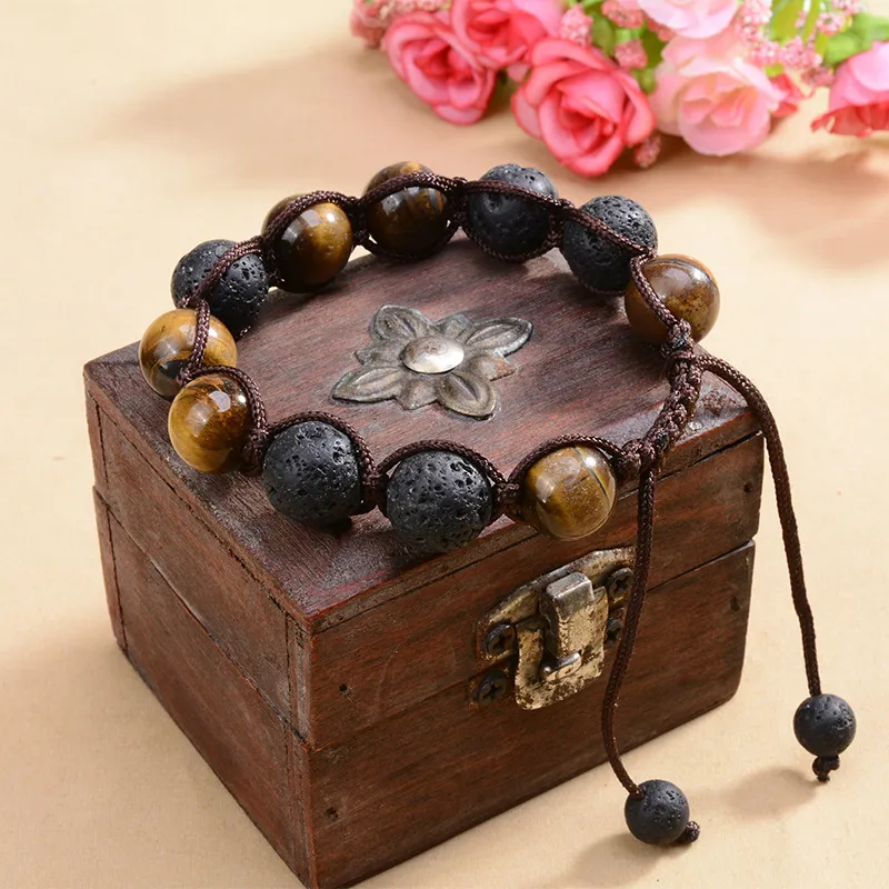 Natural Stone Yoga Bracelet Weave Rope 12mm Tiger Eye Lava Chakras Bracelets Aromatherapy Adjustable Kimter-B675L Z