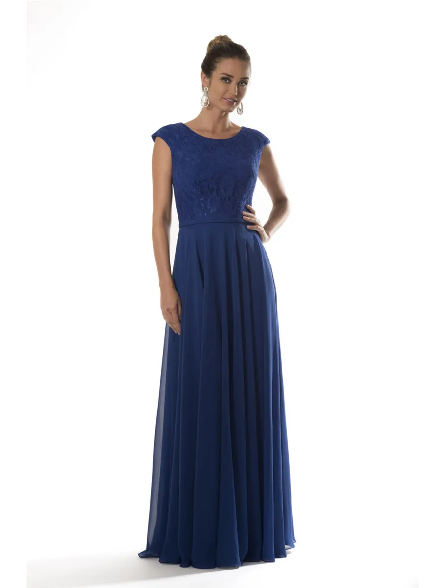 Royal azul rendas chiffon modesto dama de honra vestidos tampão mangas comprimento longo piso formal uma linha simples vestidos de festa de casamento cai barato