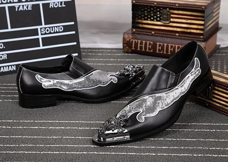 Bling Bling Handmade Shoes Men Fashion Slip-On Pointed Toe Party Shoes New Genuine Leather Glitter Dress Shoes