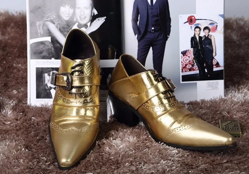 Ny ankomst vintage guld pekad tå oxford skor för män äkta läder höst stövlar mode visa formella klänning bröllopskor