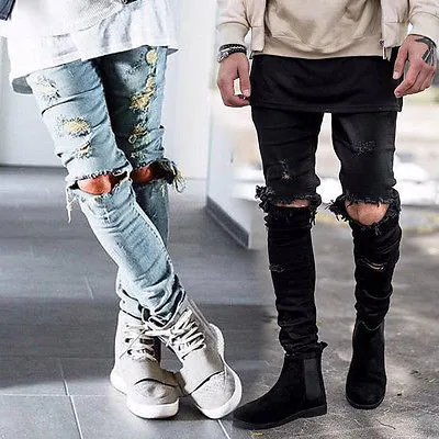 Atacado-Mens Ripped Skinny Straight Slim Elástico Denim Fit Biker Jeans Calças Longas Elegante Straight Slim Fit Jeans