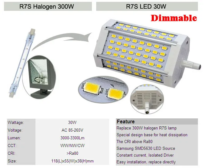 Lampe LED R7S haute puissance 30w, variable 118mm, SMD5630, J118 R7s, lampe de remplacement halogène 300W, AC85265V2998995