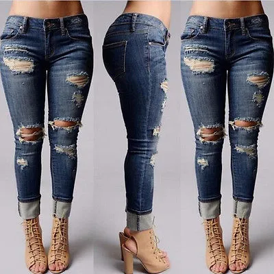 Vente en gros - 2017 Pantalon Femme Détruit Déchiré Pantalon En Denim Serré En Détresse Boyfriend BLEU Jeans Pantalon Détruit Déchiré En Détresse