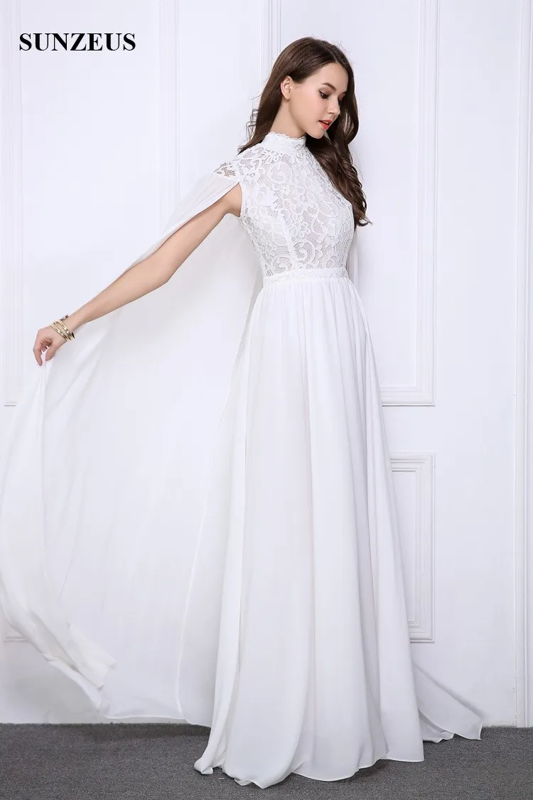 Long White Evening Gowns Lace High Neck Formal Dresses With Long Cape Elegant Chiffon Party Gowns Saudi Arabic Caftan1106868