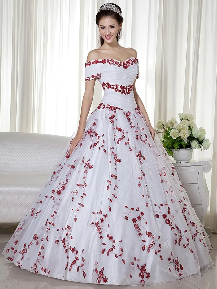 Abiti da sposa colorati rossi e bianchi 2020 Abito da ballo con spalle scoperte Corsetto ricamato con perline Indietro Principessa Abiti da sposa non bianchi colorati