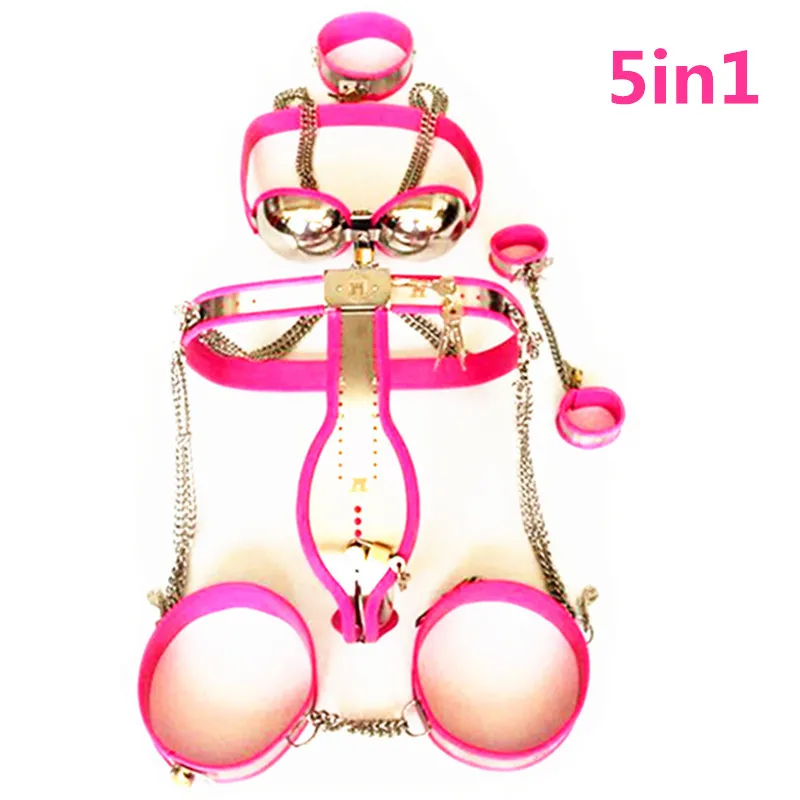 5 / 8In1 Rostfritt stål Male Chastity Enheter Chastity Belt + Collar + Bra + Handcuff + Arm Ring + Lår Ringar med kedja Sexig Bondage Kit G7-4-43