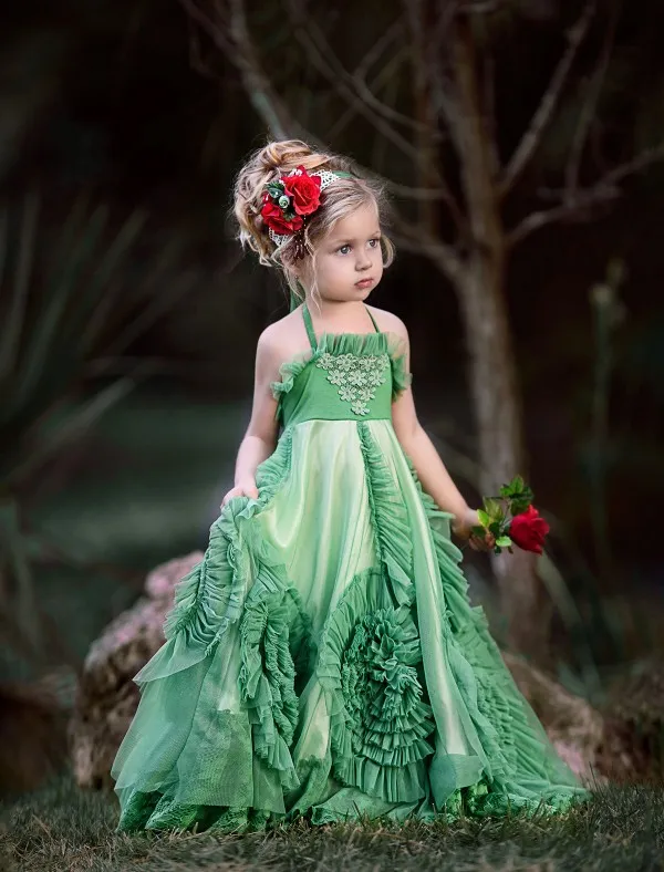 Lace Applique Flower Girls Dresses Backless Spaghetti Neck Communion Dress Floor Length Princess Gowns With Sash