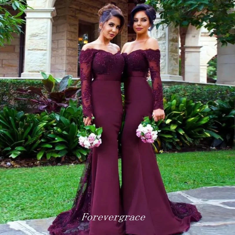 Tanie koronki Burgundia Mermaid Długim Rękawem Druhna Dress Otwórz Dress Dress Dress Wedding Guest Suknia Custom Made Plus Size