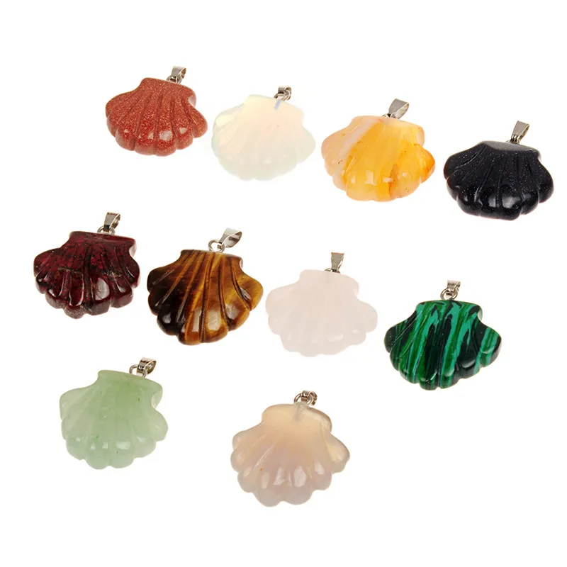 Hot Wholesale Mixed Random Natural Agate Jade Jasper Blue Gold Sand Stone Green Aventurine Conch Sea Shell Shape Pendant Bead for Sale