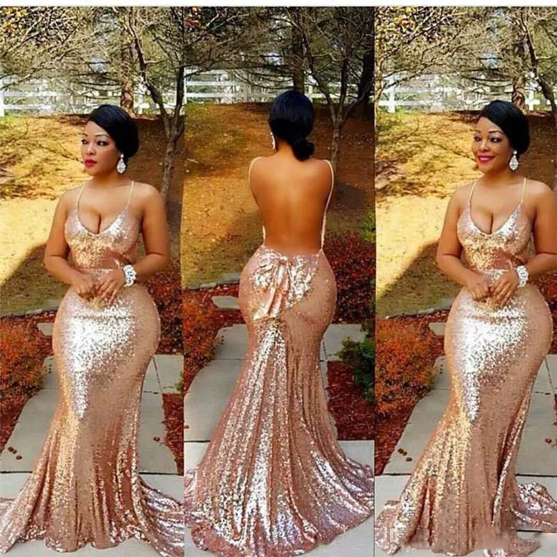 Rich Turkey Sequined Mermaid Prom Dresses Open Back 2017 Spaghetti Straps Plus Size Evening Dresses with Bow Sexy Backless Robe De Soiree