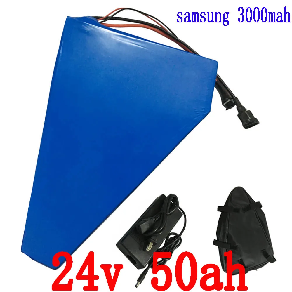 Hot Sale 700W 24V Triangel Batteri 24V 50ah elektrisk cykelbatteri Använd Samsung 3000MAH-celler med 30A BMS 29.4V 5A Snabb laddare