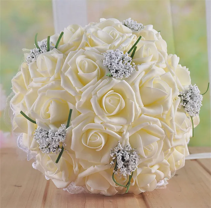 PE Rose Bride Bouquet Flores de noivas Artificiais Buquê de Cristal de Buquê de Cristal de Cristal Ribbon Buquets de fita de seda