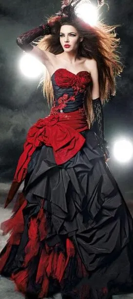 Gothic A-line Wedding Dresses Sweetheart Floral Bustier Pick-up Taffeta Black and Red Bow Tulle Gorgeous Bridal Gowns Corset Back New 2020